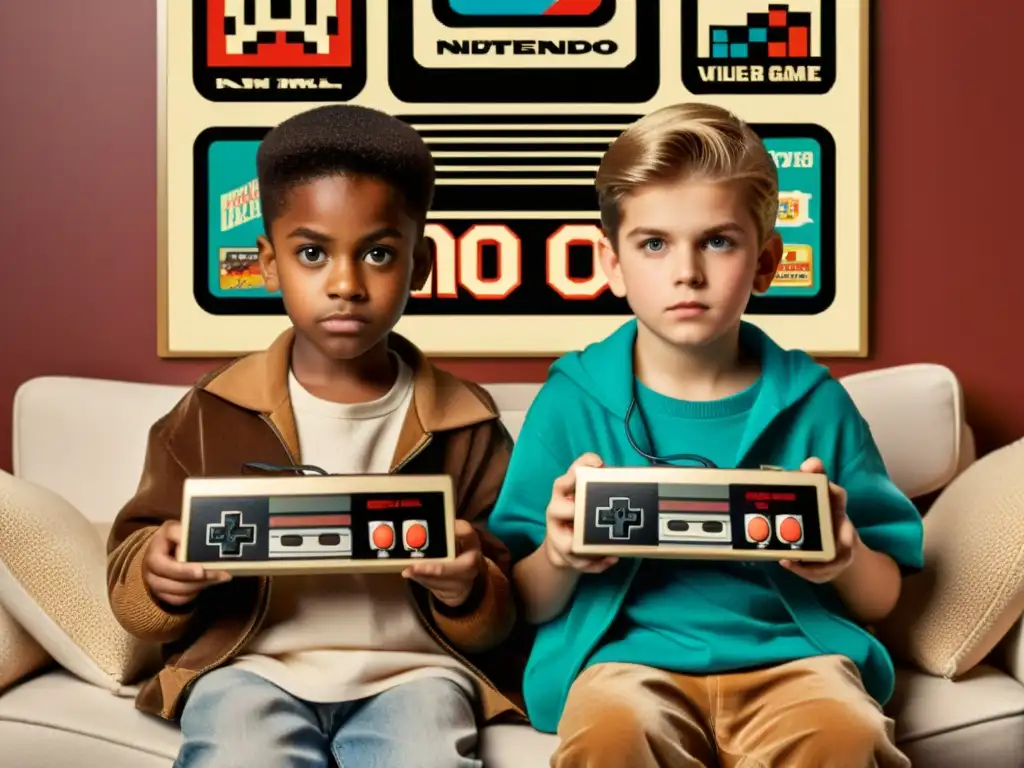 Imagen vintage de niños compitiendo en juegos de Nintendo y Sega, evocando rivalidades en la industria del gaming en los años 90