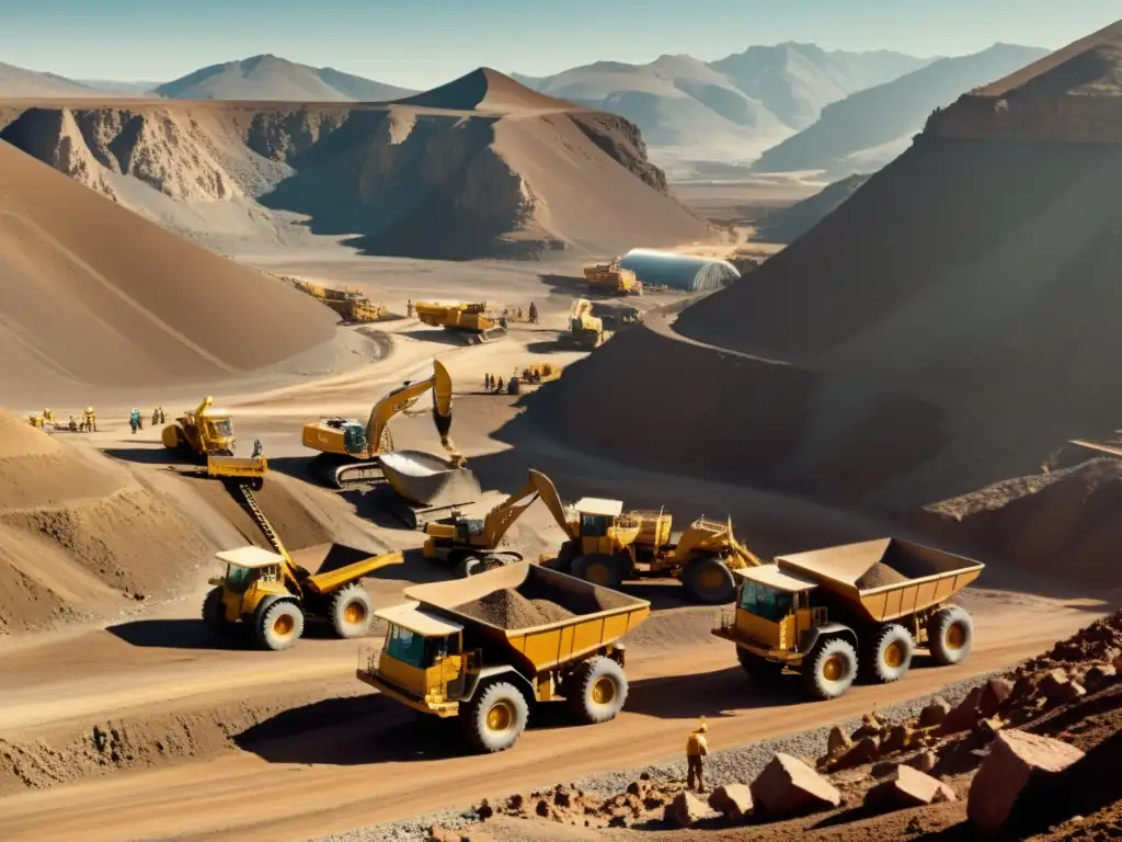 Imagen vintage de una operación minera con mineros utilizando picos para extraer materiales crudos, en un escenario montañoso