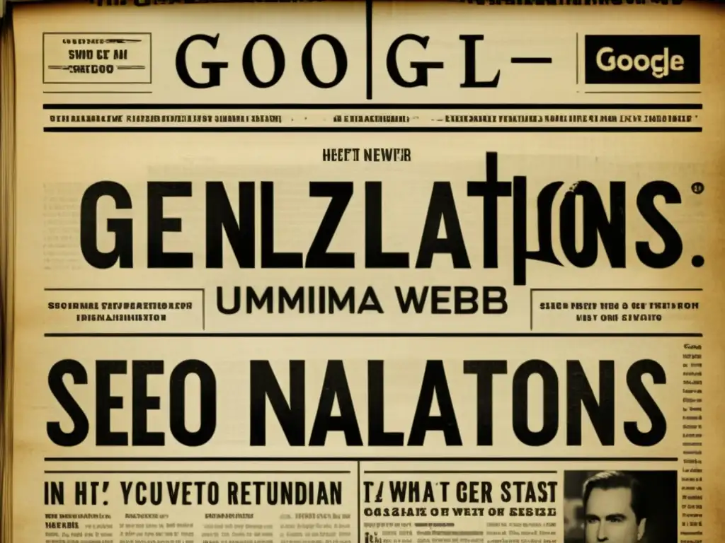 Imagen vintage de periódico con 'Google penalizaciones SEO' en primer plano, rodeado de gráficos de tráfico web en blanco y negro