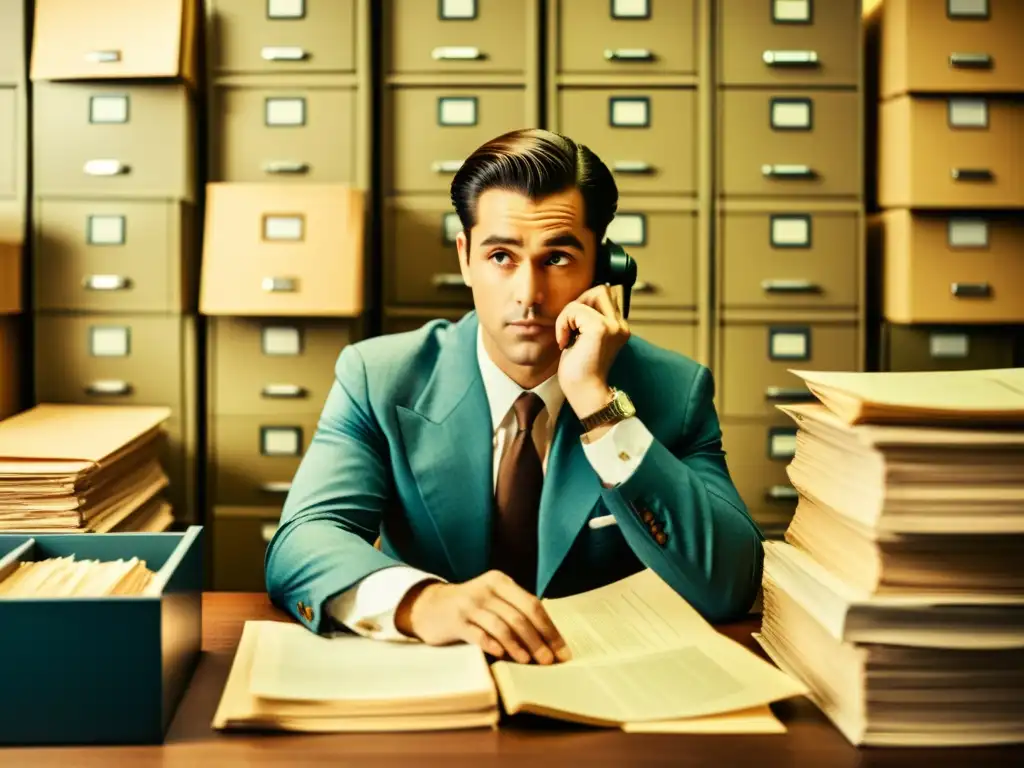 Imagen vintage de persona en traje, frente a computadora antigua rodeada de papeles