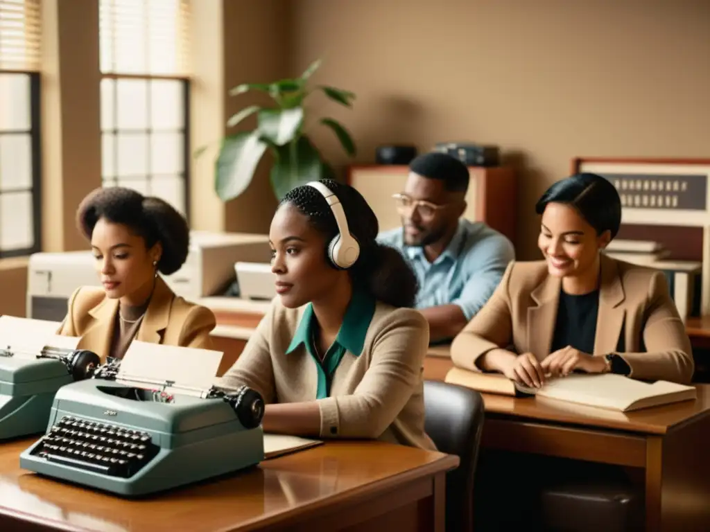 Imagen vintage de personas utilizando computadoras y máquinas de escribir en un acogedor espacio de oficina