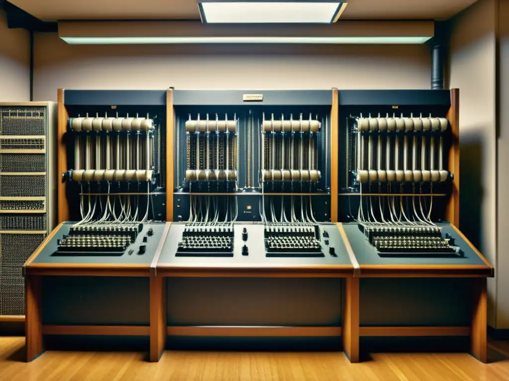 Imagen vintage de la ENIAC, la primera computadora electrónica, llena de cables y tubos al ocupar una habitación entera