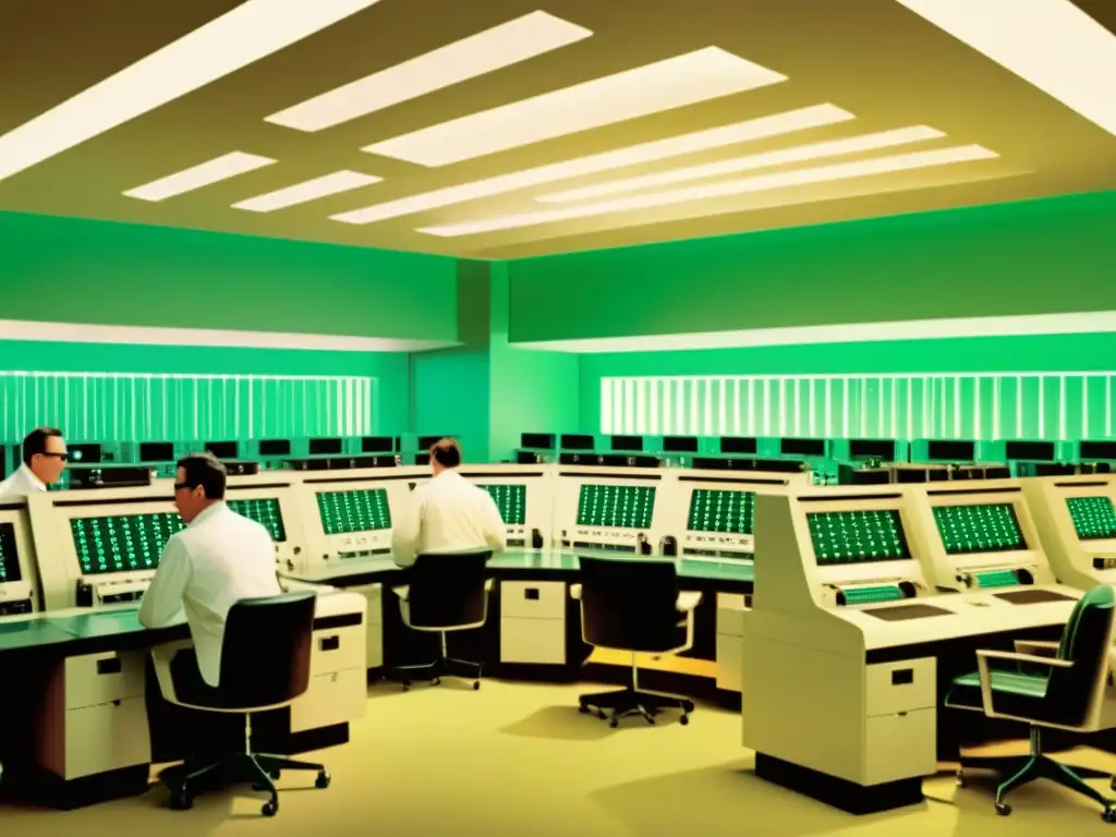 Ingenieros trabajando en mainframes de los años 60 Imagen vintage de una sala de computadoras de los años 60, con ingenieros trabajando en mainframes con luces parpadeantes