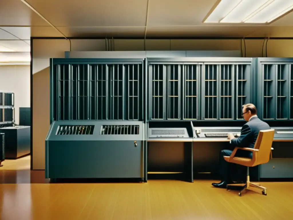 Imagen vintage de una sala con una enorme computadora antigua que evoca la historia visual de la evolución de la computación personal en los años 60