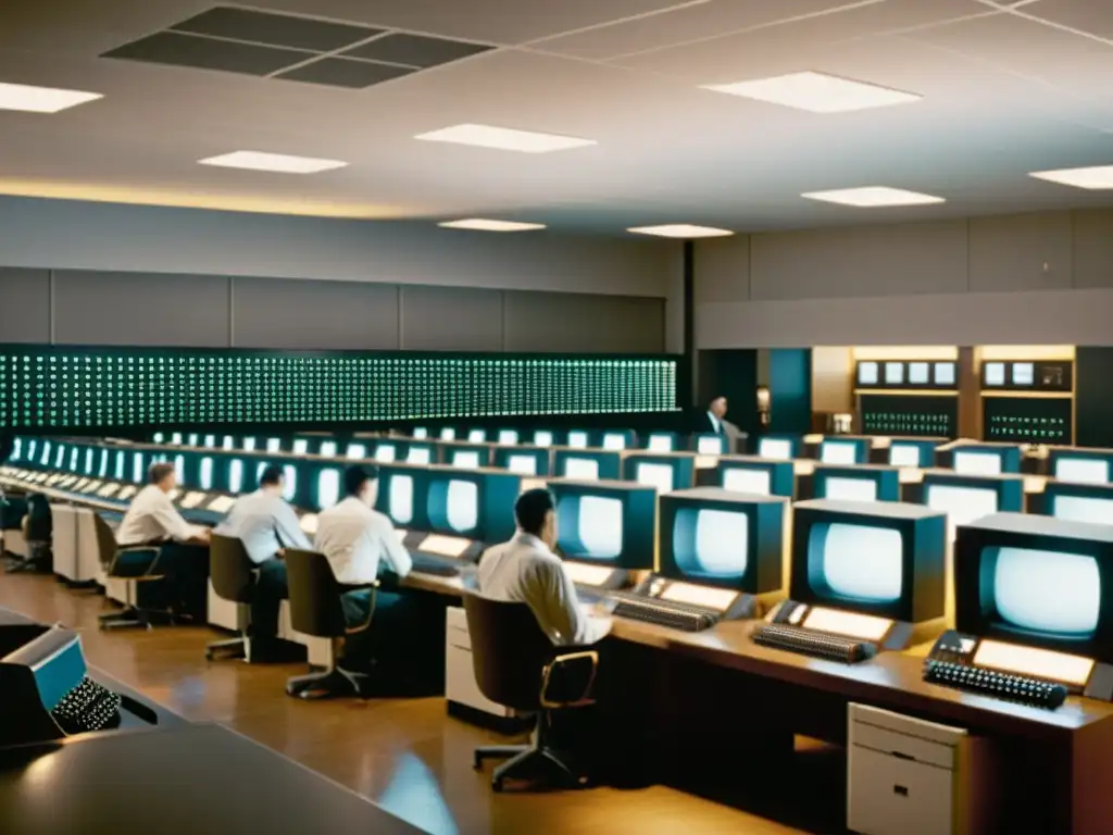 Imagen vintage de una sala llena de equipos informáticos antiguos y trabajadores, evocando la evolución de la computación digital