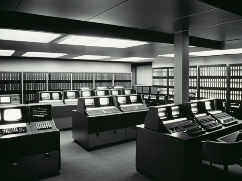 Imagen vintage de una sala llena de equipos informáticos antiguos, con computadoras principales, cintas de datos y técnicos trabajando