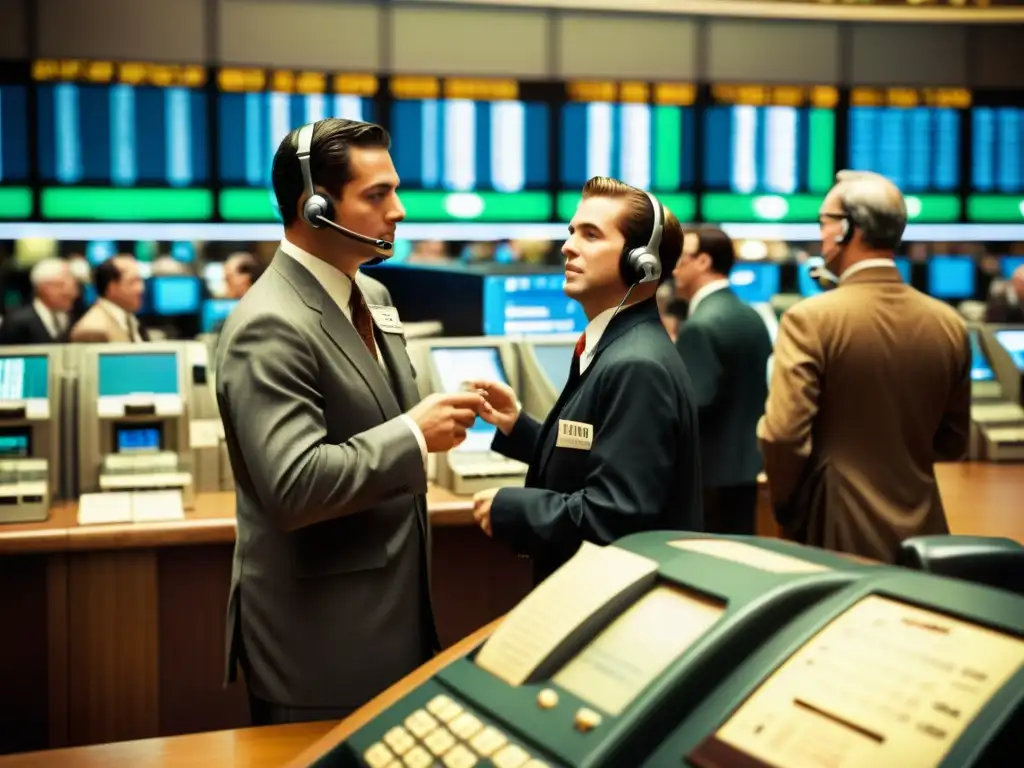 Imagen vintage de una sala de operaciones de bolsa, con traders en trajes haciendo negocios