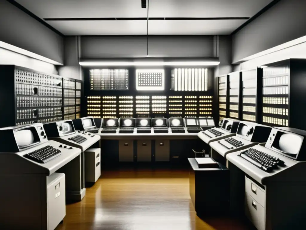Salón de computadoras vintage del siglo XX Imagen vintage de una sala repleta de antiguas computadoras y equipo de tecnología del siglo XX