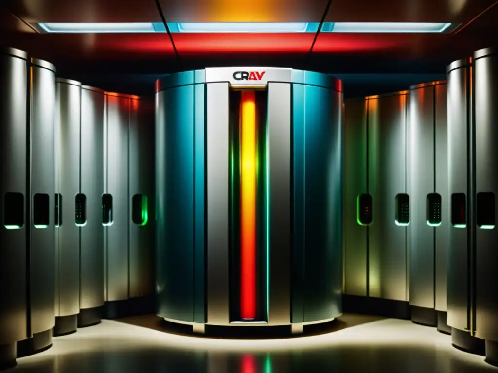 Imagen vintage del superordenador Cray1, con su icónico diseño cilíndrico y cableado colorido