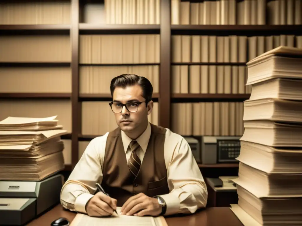 Análisis meticuloso: Trader vintage haciendo backtesting Imagen vintage de un trader haciendo backtesting en una computadora retro, rodeado de papeles financieros