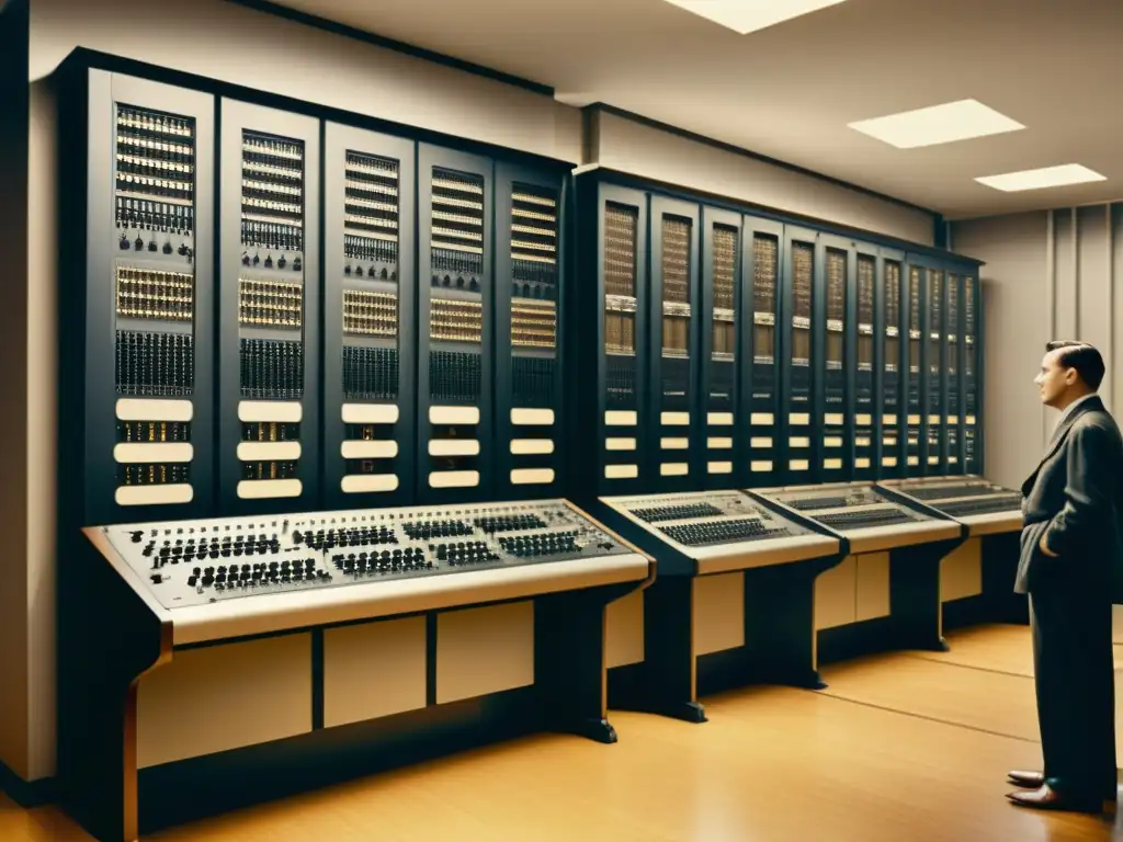 Una impactante fotografía vintage del ENIAC, la primera computadora, con su escala masiva y complejidad, rodeada de ingenieros y técnicos