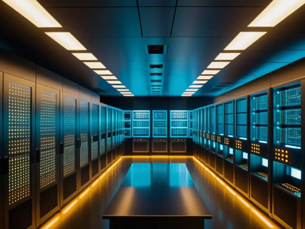 Imponente sala de supercomputadoras vintage, con tecnología primitiva y evocando nostalgia por la evolución del rendimiento en supercomputadoras