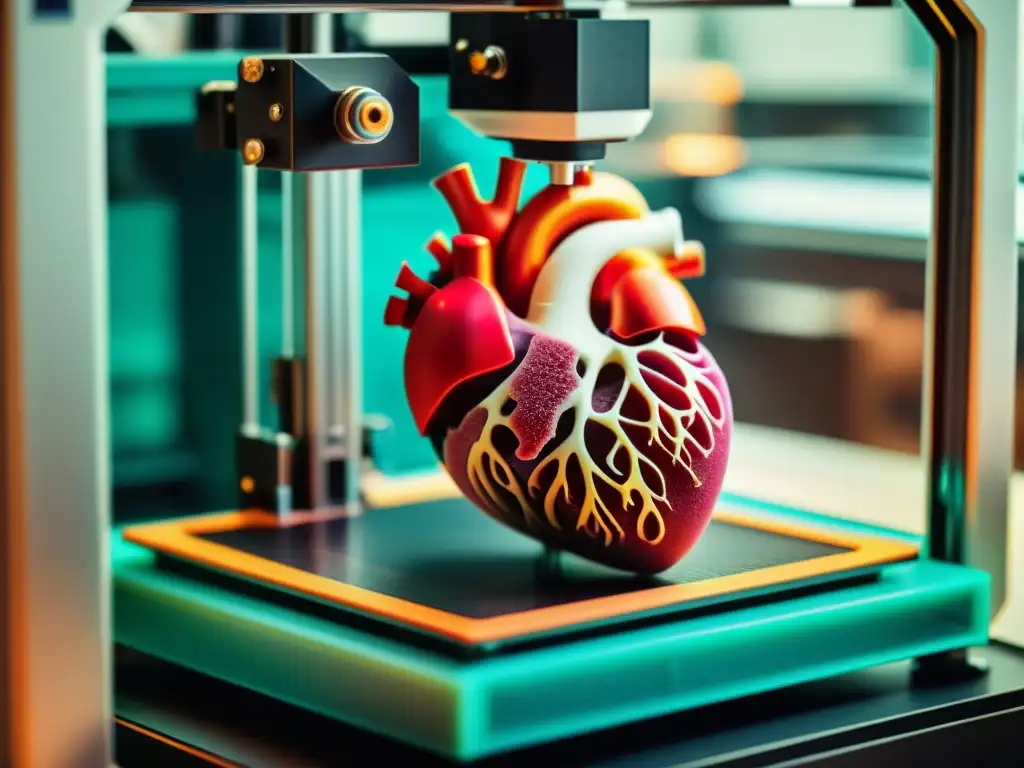 Una impresión 3D meticulosa de un corazón humano, con colores vibrantes y detalle vintage, evocando innovación en órganos trasplantes