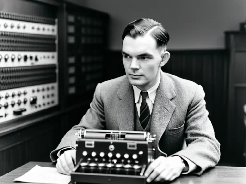 Influencia de la criptografía en computación: Alan Turing trabajando en la máquina Enigma en Bletchley Park durante la Segunda Guerra Mundial, rodeado de equipo de descifrado, reflejando innovación tecnológica e importancia histórica