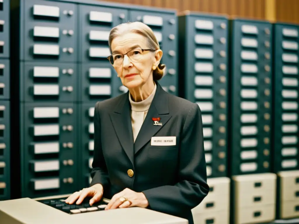 Grace Hopper: Pionera de la informática Grace Hopper, pionera de la informática, junto a tecnología vintage evocando la evolución del lenguaje COBOL
