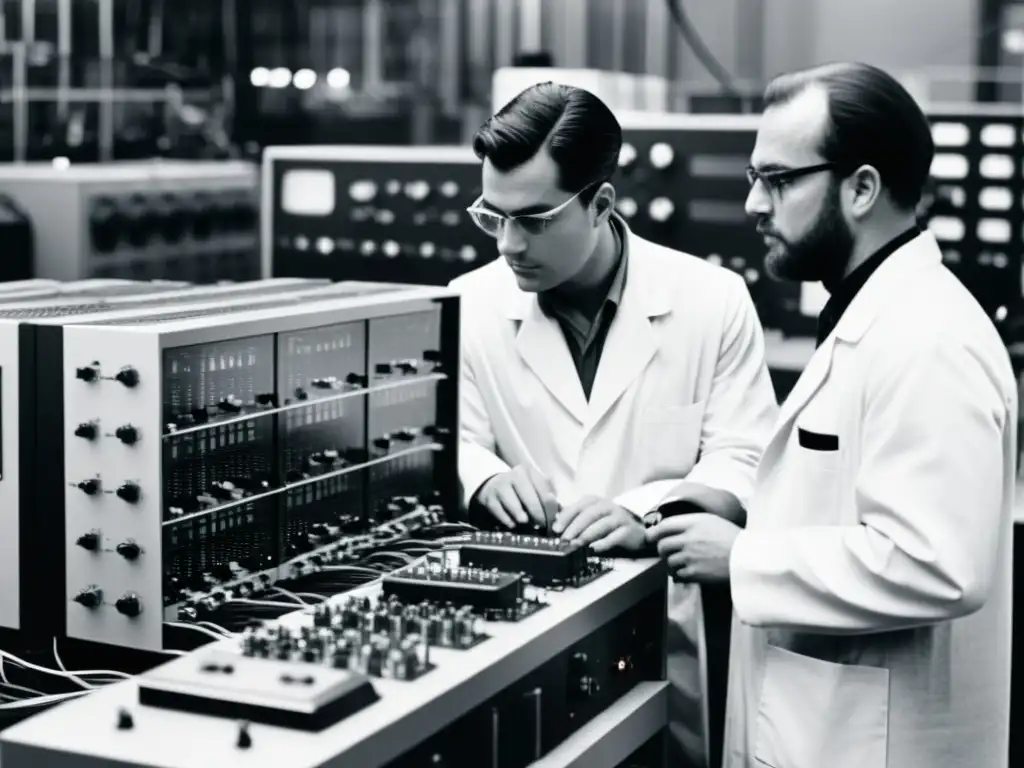 Ingenieros en laboratorio junto a mainframe antiguo, enfoque en miniaturización del silicio en computación