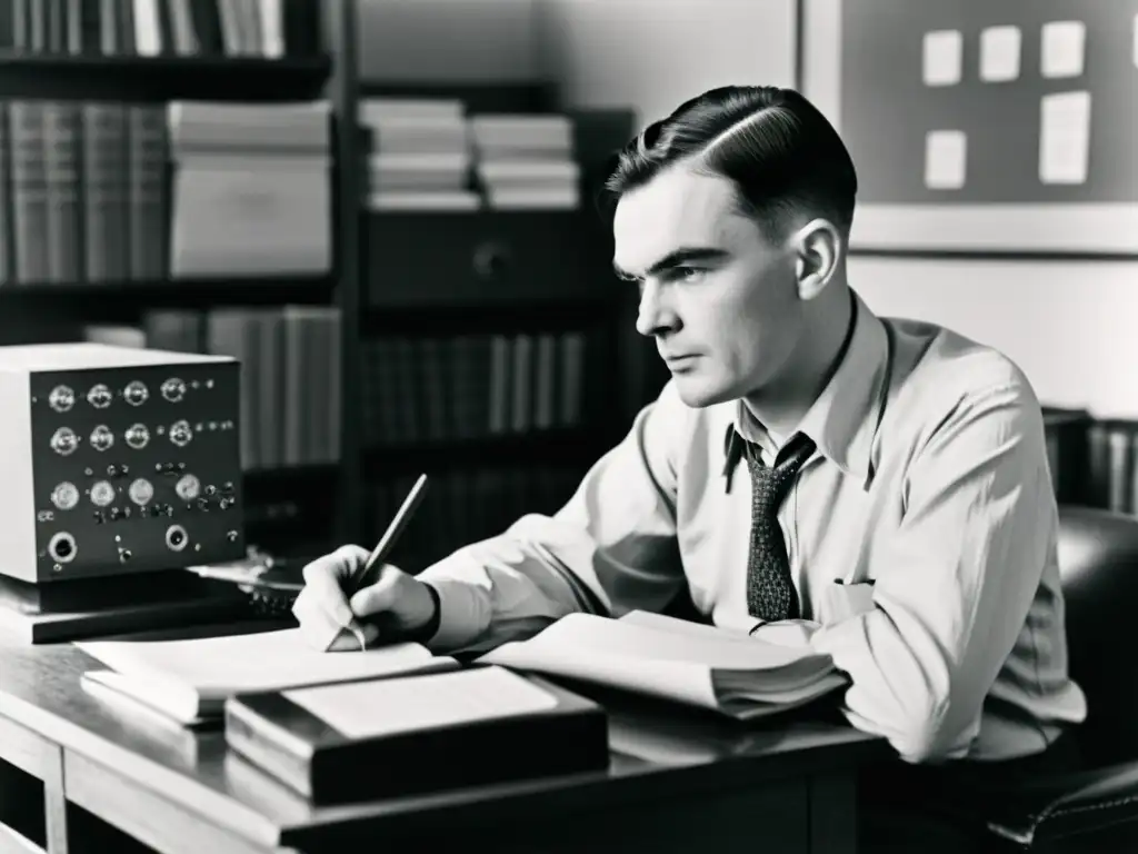 Alan Turing inmerso en cálculos complejos, rodeado de equipo informático vintage