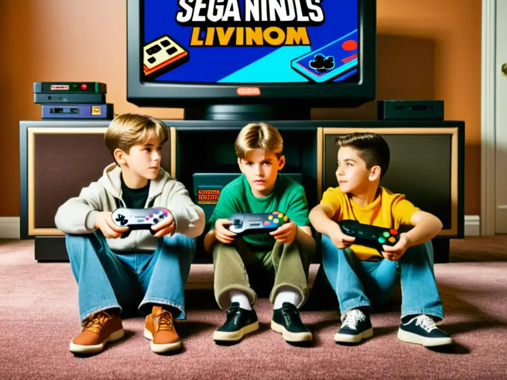 Intensa batalla de consolas en sala vintage de los 90s: niños juegan Sega y Super Nintendo