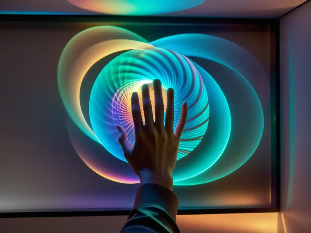 Interfaz holográfica de próxima generación con colores iridiscentes y patrones geométricos, evocando un sentido de maravilla y nostalgia futurista