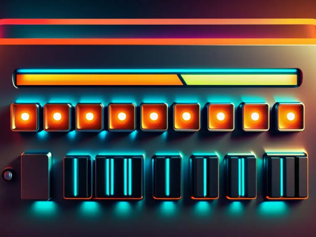 Interfaz retrofuturista de computadora con teclado metálico y botones de neón, pantalla abstracta, evocando tecnología avanzada