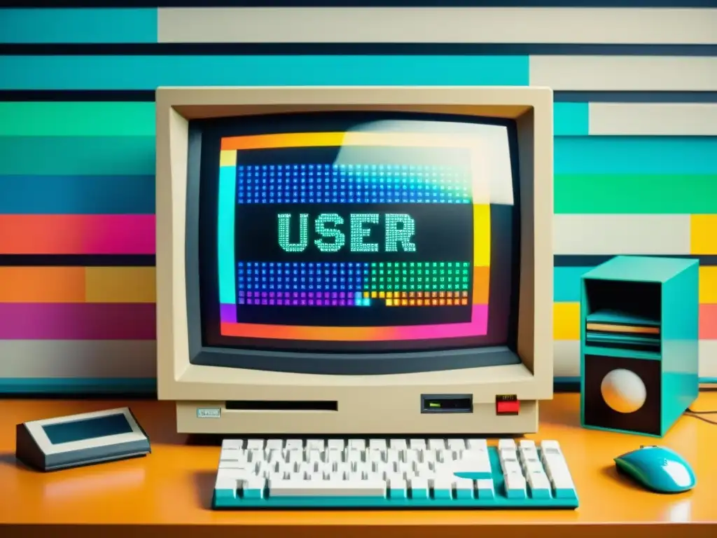 Una interfaz de usuario pixelada y colorida en un monitor vintage evoca la revolución de las interfaces de usuario en la informática