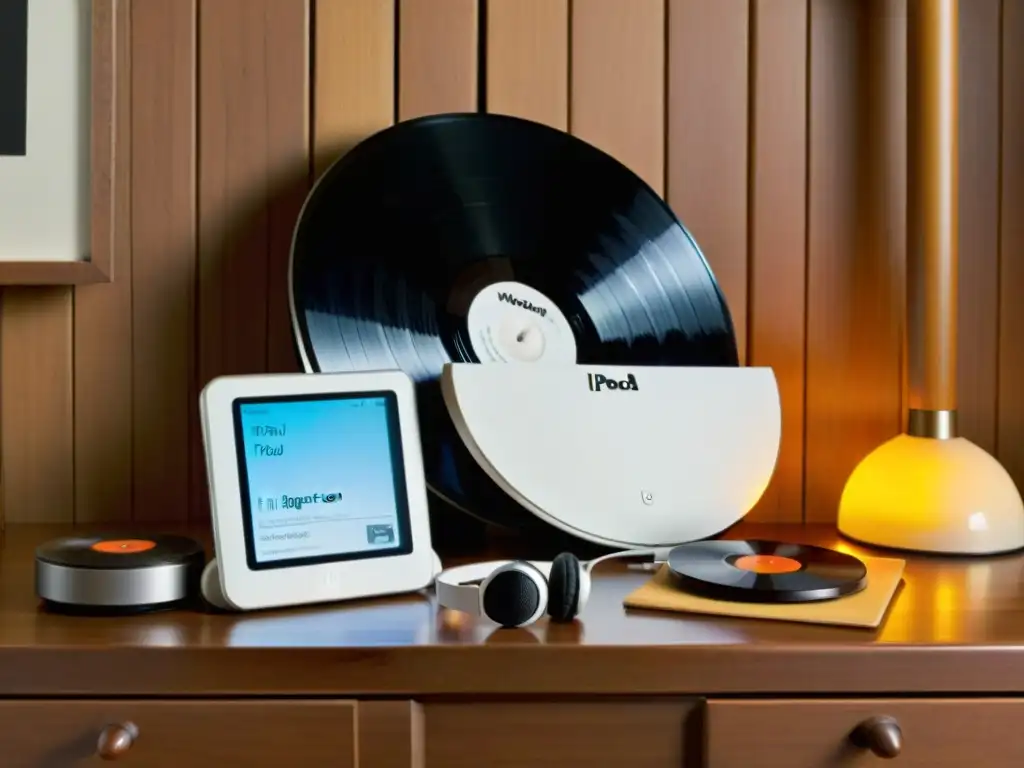 Un iPod de primera generación sobre mesa de madera vintage rodeado de vinilos y auriculares retro, evocando la historia evolución música portátil