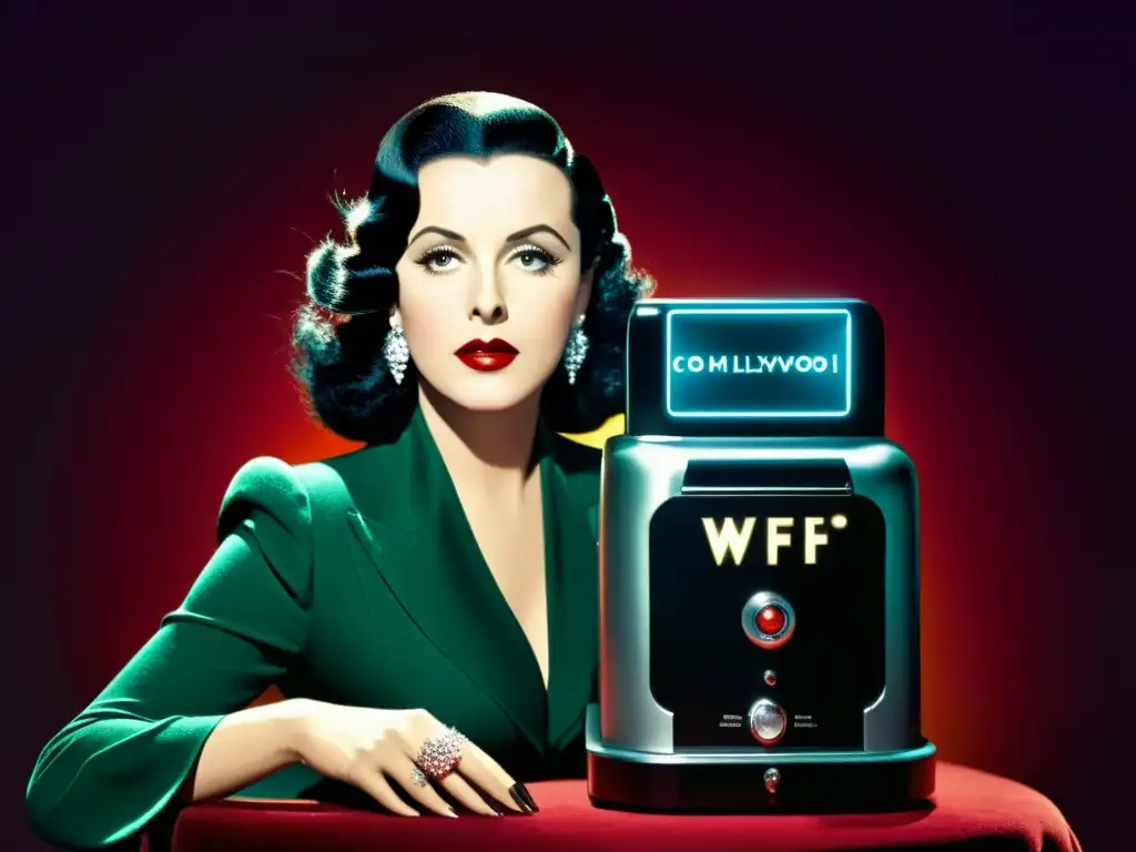 Hedy Lamarr, pionera del WiFi, irradia elegancia en un ambiente de Hollywood vintage con iluminación dramática