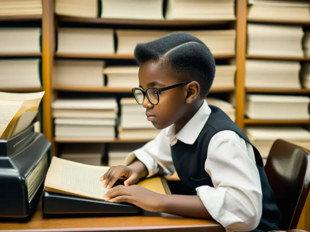 Estudiante inquisitivo frente a computadora vintage Joven estudiante concentrado en computadora vintage, rodeado de libros, enfoque y curiosidad