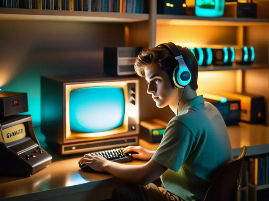 Joven gamer concentrado frente a un ordenador retro en una habitación nostálgica llena de recuerdos de juegos