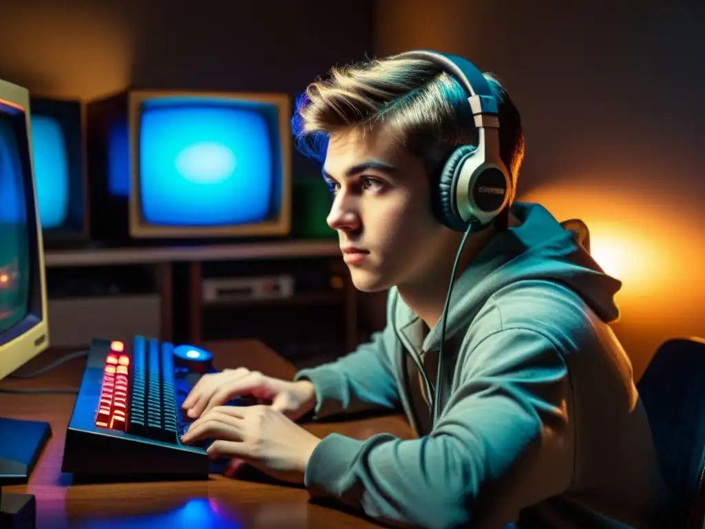 Joven gamer concentrado frente a una computadora retro en una habitación cálidamente iluminada, rodeado de accesorios de juegos clásicos