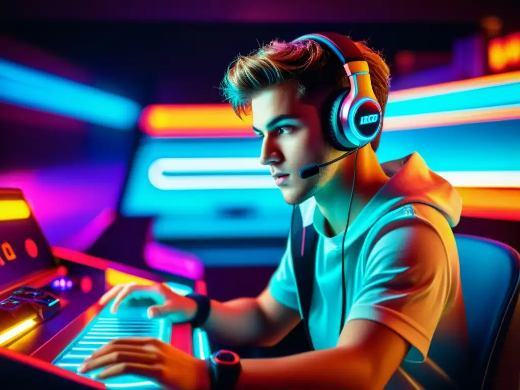 Joven gamer inmerso en un mundo virtual, rodeado de tecnología futurista y luces neón, reflejando determinación y dedicación