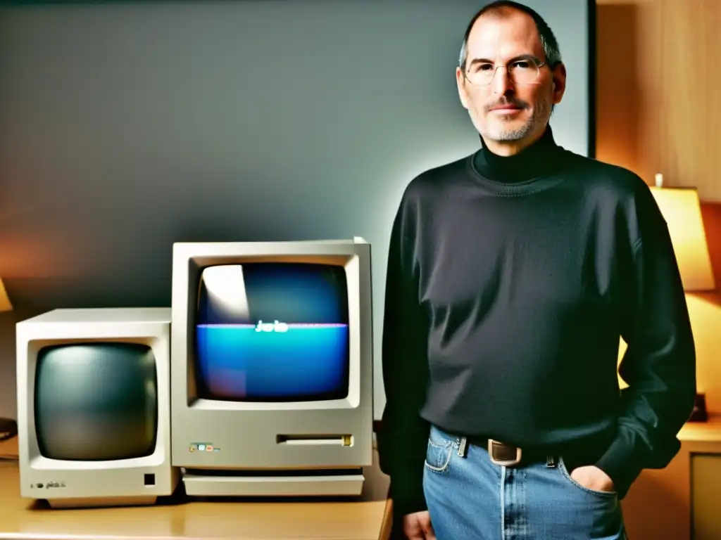 Steve Jobs junto al Macintosh original, con un filtro cálido sepia