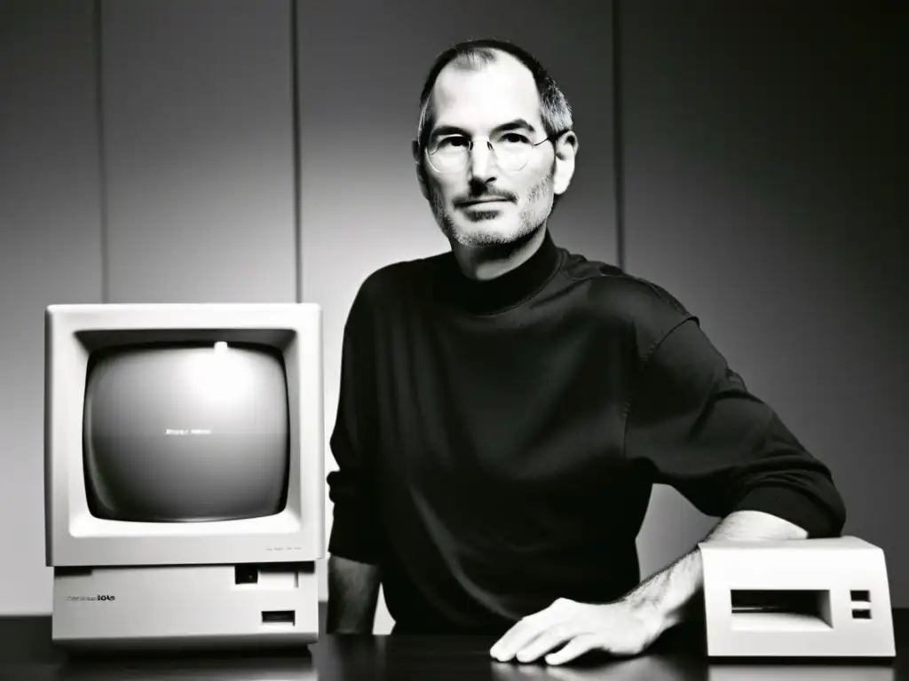 Steve Jobs junto al primer Macintosh, reflejando la evolución de la computación personal en una atmósfera histórica y visionaria en blanco y negro