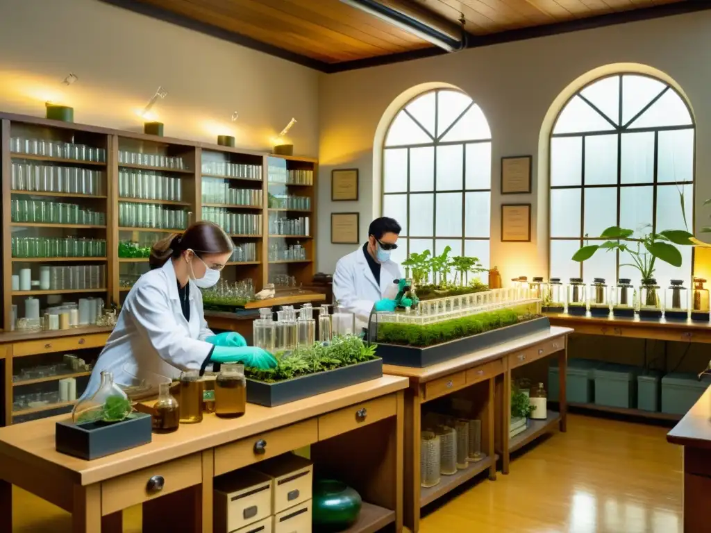 Un laboratorio botánico vintage, científicos en batas blancas y gafas protectoras trabajando con tubos de ensayo y microscopios