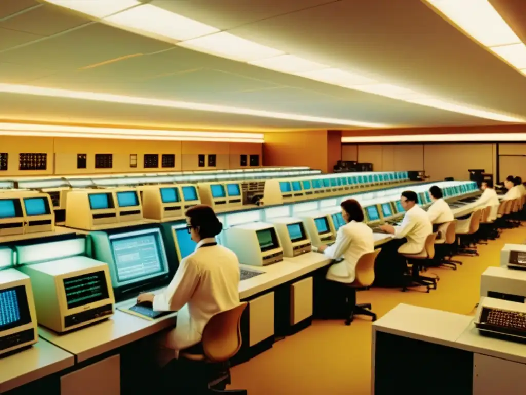 Un laboratorio de computación de los años 70, con grandes mainframes, técnicos y luces parpadeantes