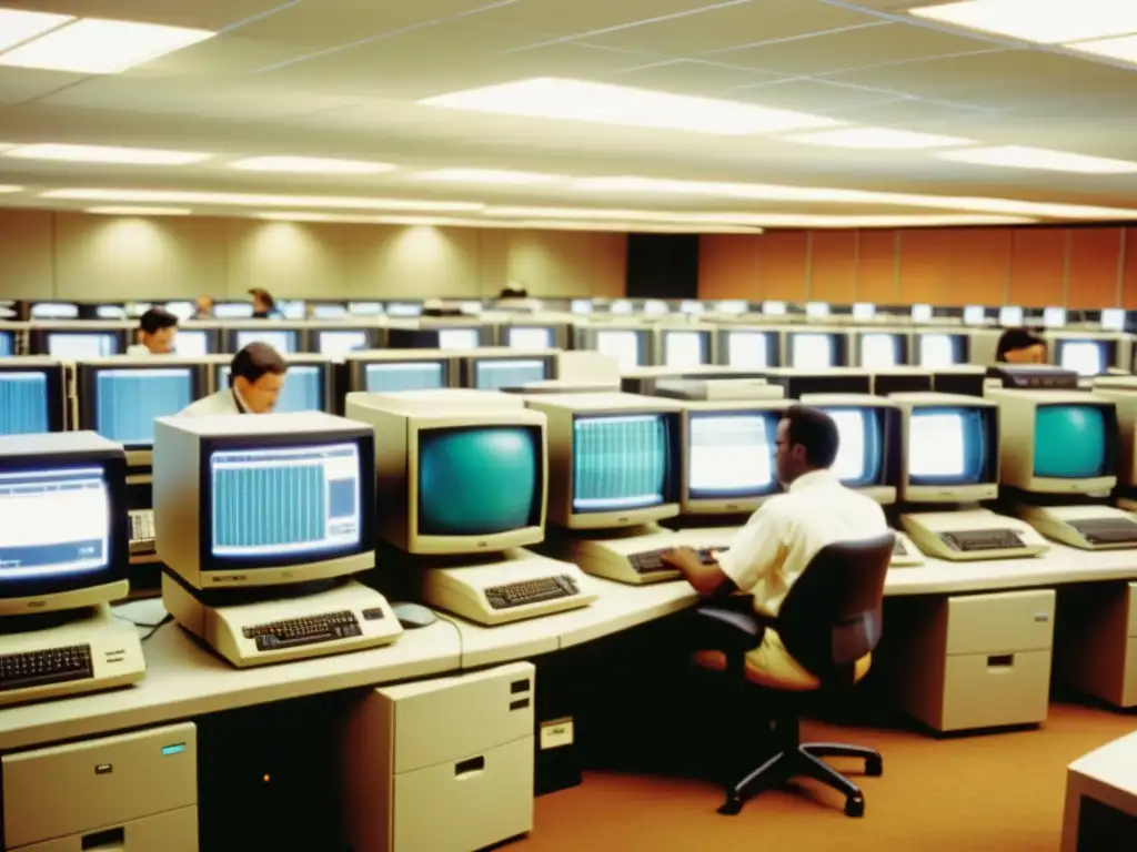 Un laboratorio de computación de los años 90 rebosante de actividad, con monitores antiguos iluminando el ambiente