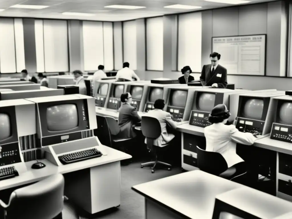 Un laboratorio de computación vintage en blanco y negro, con personas trabajando en antiguos equipos