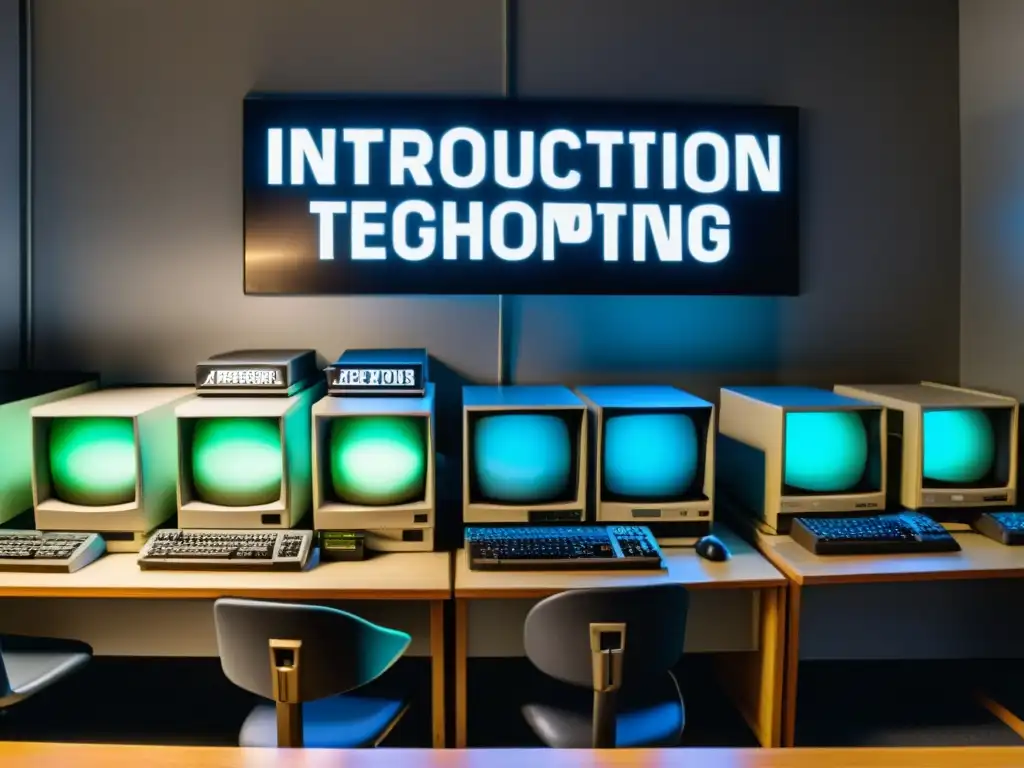 Un laboratorio de computación vintage con monitores monocromáticos, posters retro de lenguajes de programación y discos floppy