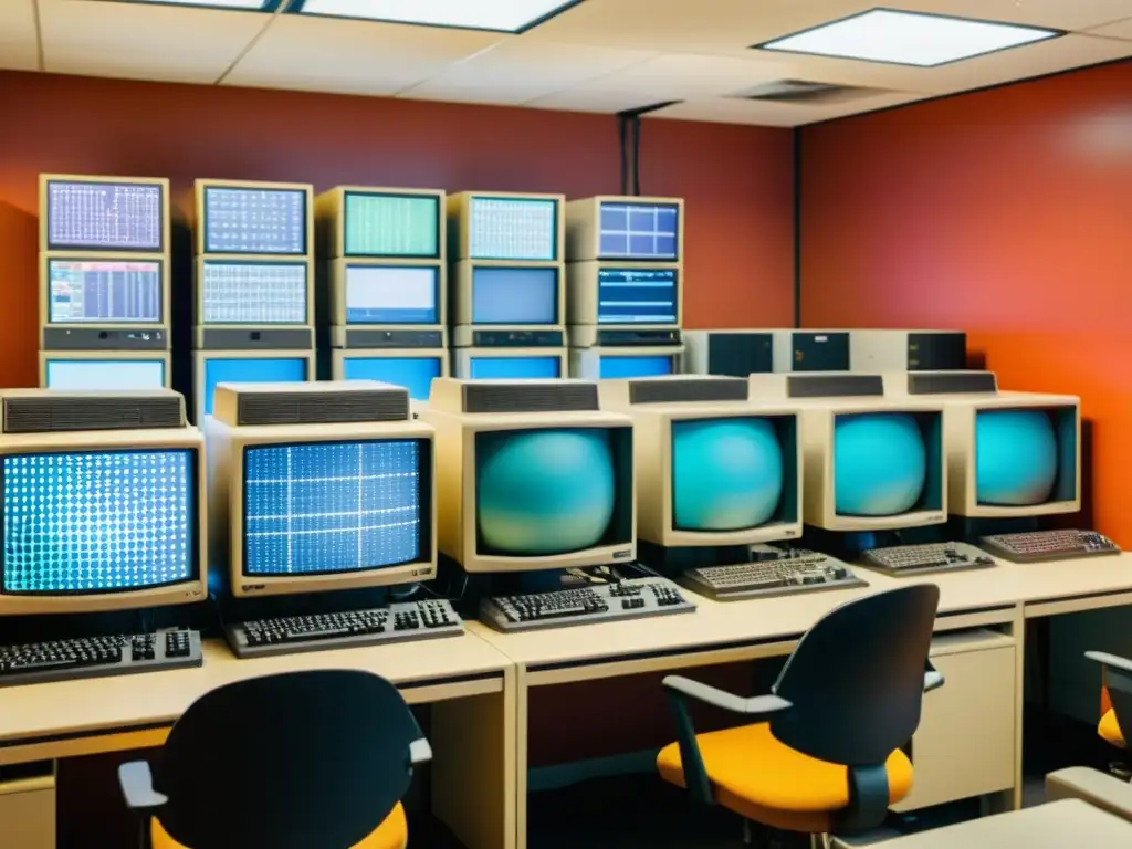 Un laboratorio de computación vintage con monitores pixelados y protectores de pantalla coloridos