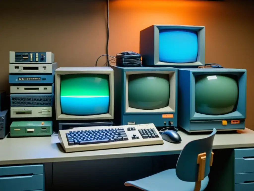 Un laboratorio de computación vintage con monitores voluminosos y pantallas CRT que muestran interfaces de software gráfico temprano