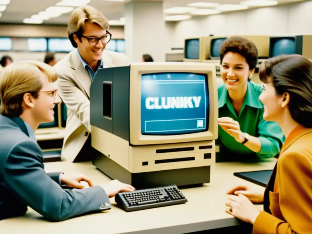 Una fotografía vintage de un laboratorio informático de los años 80, donde un grupo de personas interactúa con un gran y tosco monitor táctil