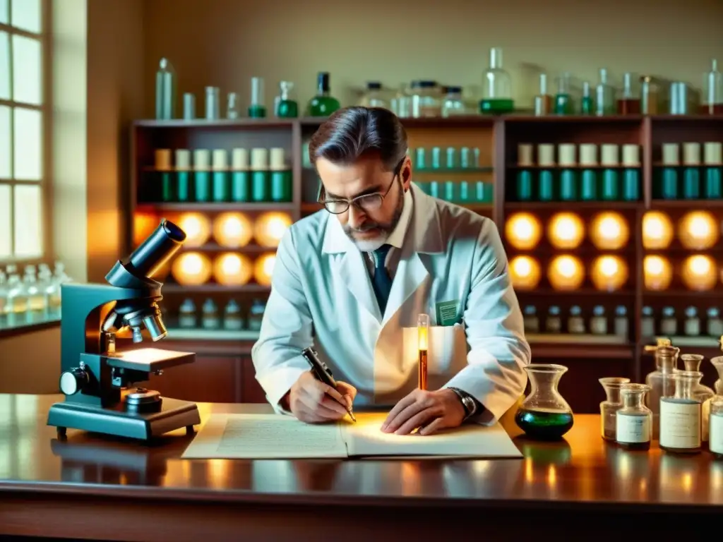 Un laboratorio médico antiguo con equipamiento vintage y cristalería, bañado en luz cálida