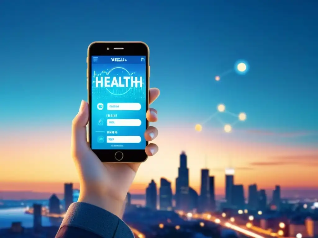 Mano sujeta smartphone con app de salud, fondo de ciudad al atardecer