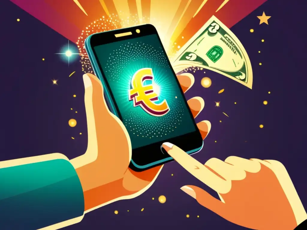 Una ilustración vintage de una mano sosteniendo un smartphone con dinero saliendo de la pantalla, rodeada de destellos y efectos mágicos