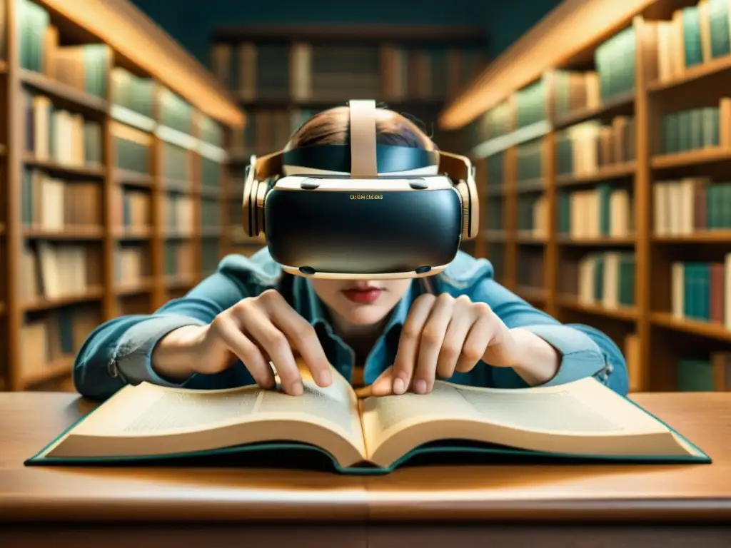 Manos antiguas con gafas de realidad virtual, manipulando código y objetos virtuales en una biblioteca vintage