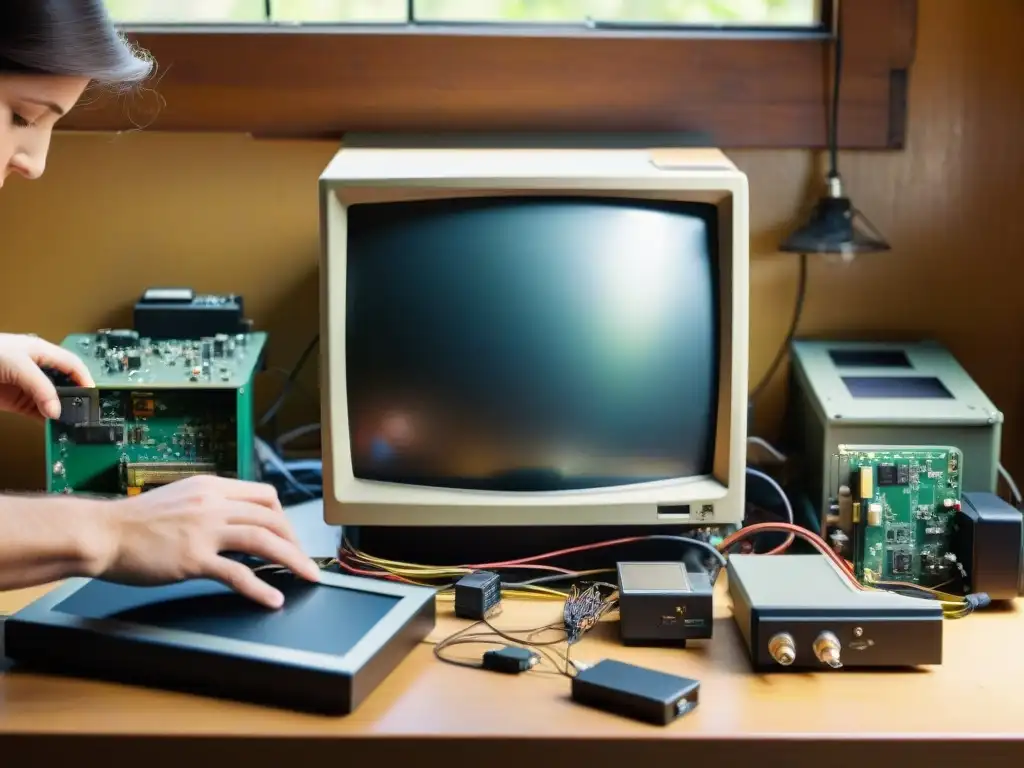 Manos desarmando y reciclando monitor vintage, bajo luz cálida