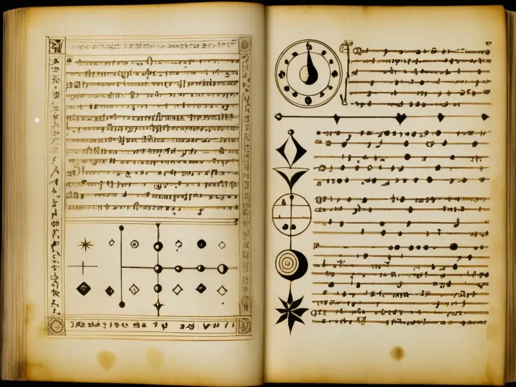 Manuscrito antiguo con diagramas e notas, evocando misterio y sabiduría ancestral