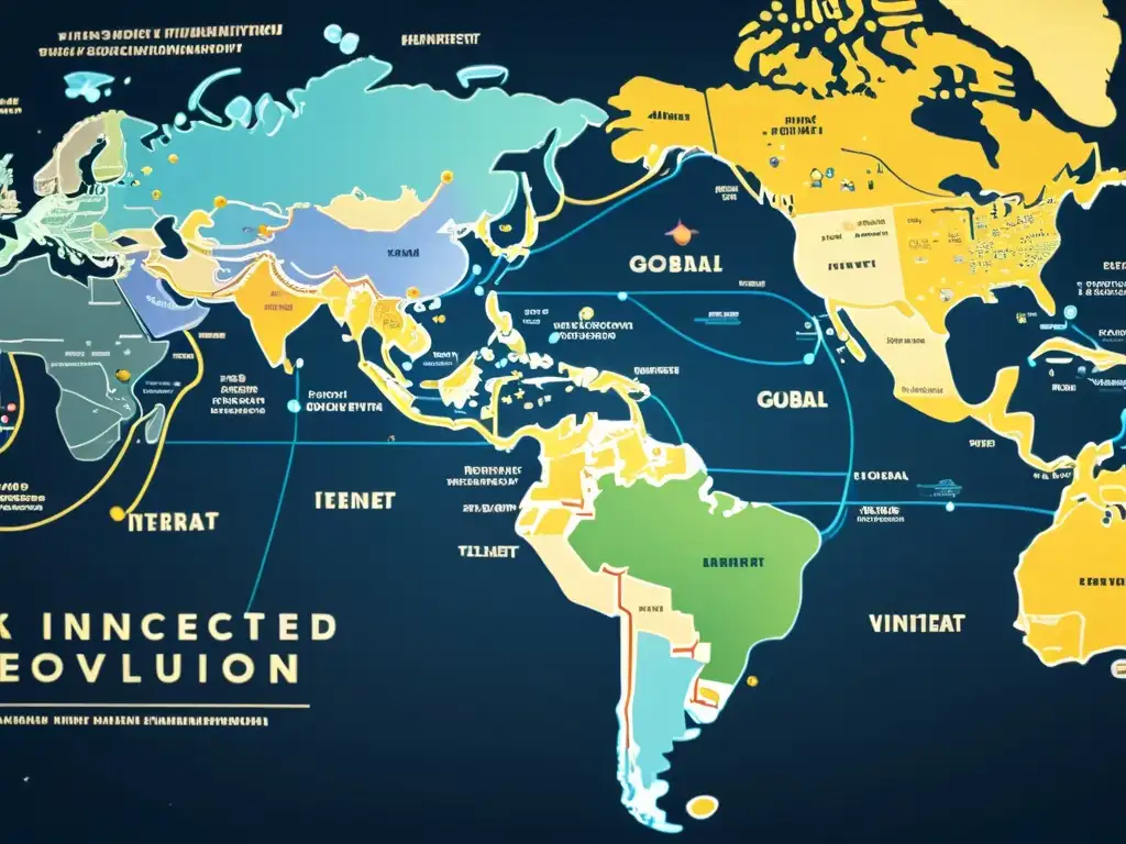 Mapa conceptual evolución Internet: Detallado mapa vintage de la evolución de la tecnología, redes interconectadas, hardware y sitios icónicos