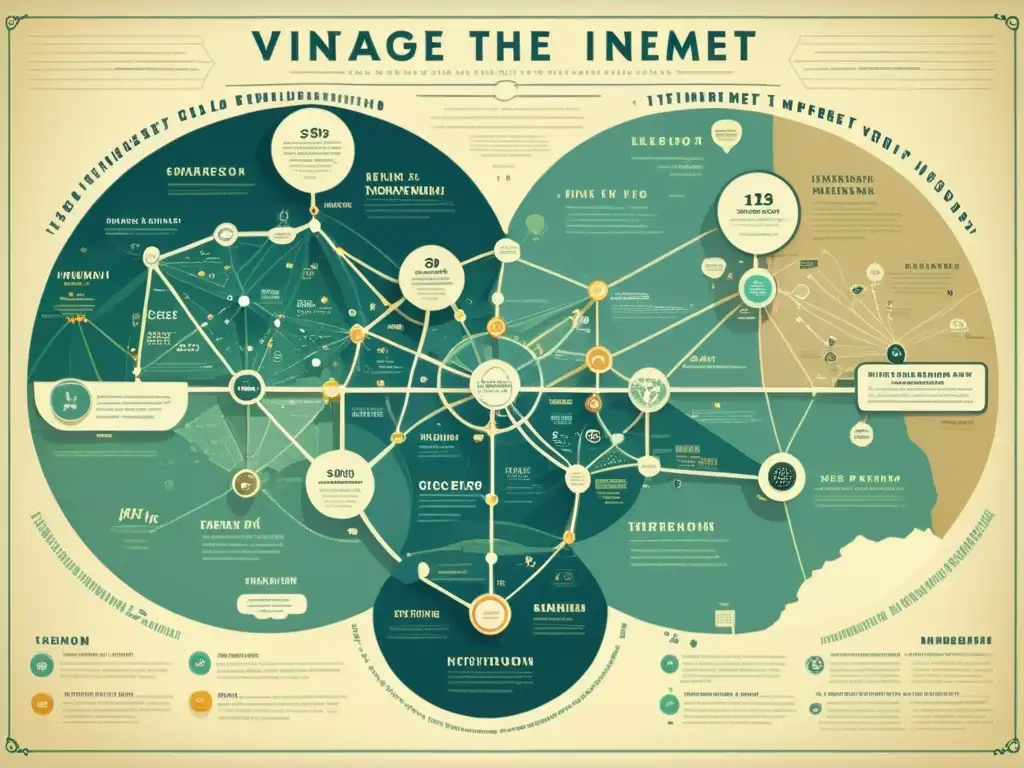 Mapa conceptual de la evolución del Internet desde sus inicios hasta la actualidad, con ilustraciones detalladas en tonos vintage