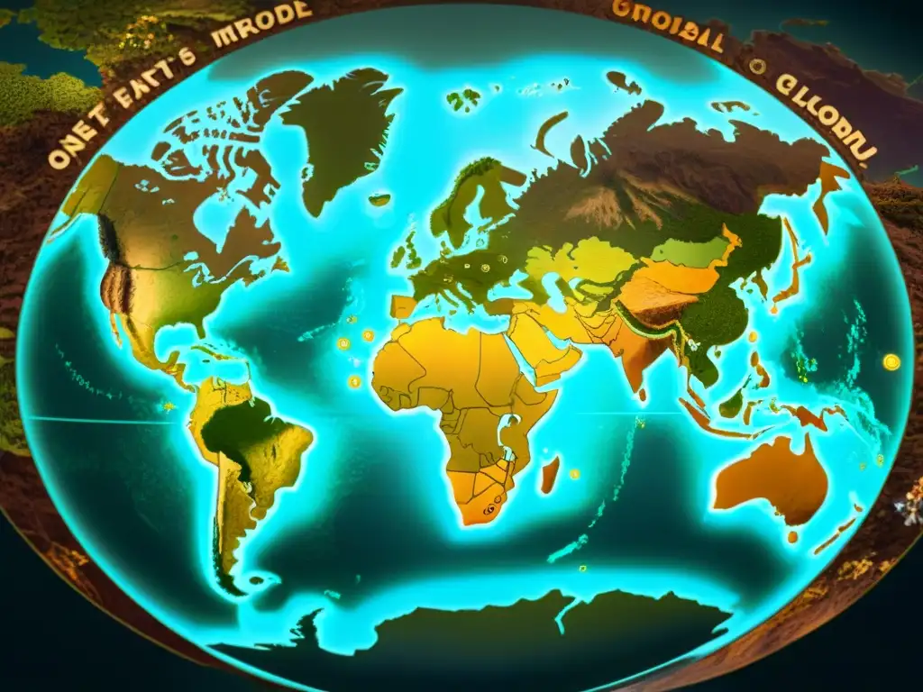 Mapa vintage del mundo con tonos terrosos y detalles intrincados, superpuesto con símbolos de criptomonedas, representando el impacto ambiental del minado de criptomonedas